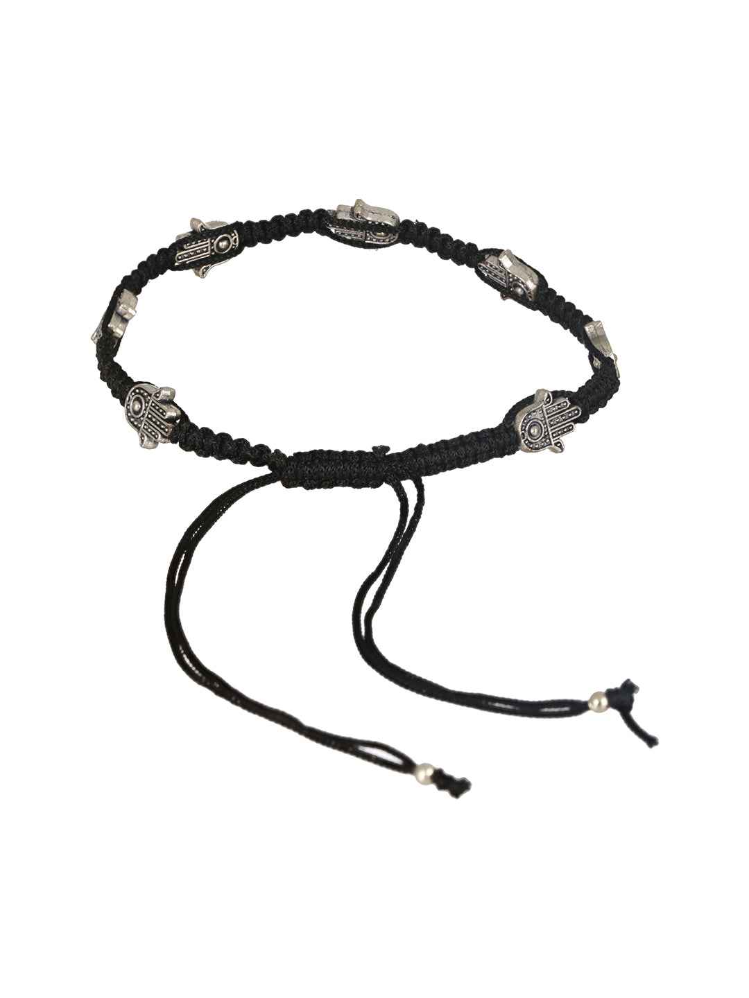 Set of 2 Silver-Plated Black Thread Handcrafted Hamza Anklets