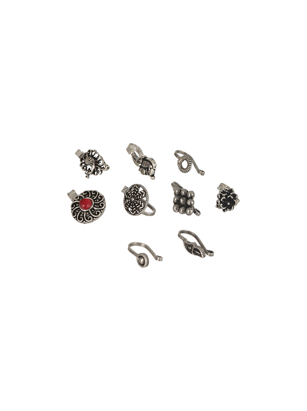 Set of 10 Silver-Plated Oxidised Stone Studded Nose Pins - Jazzandsizzle
