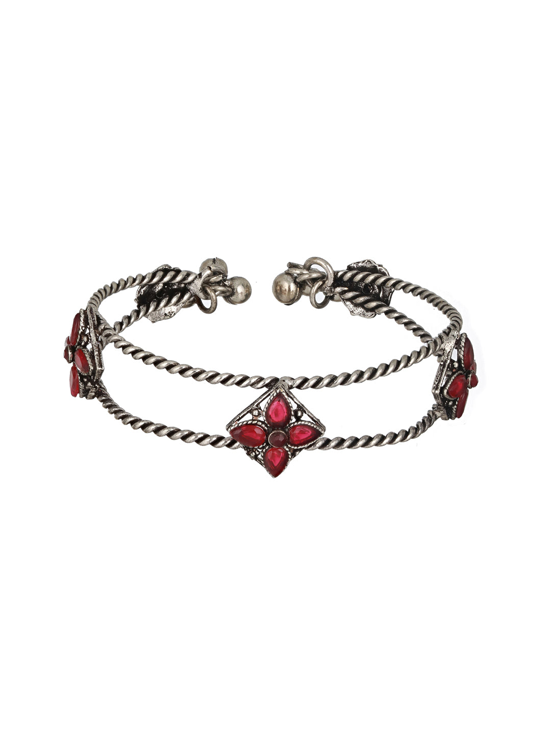 Silver Plated Red Stone Studded Oxidised Handcrafted Cuff Style Bracelet - Jazzandsizzle