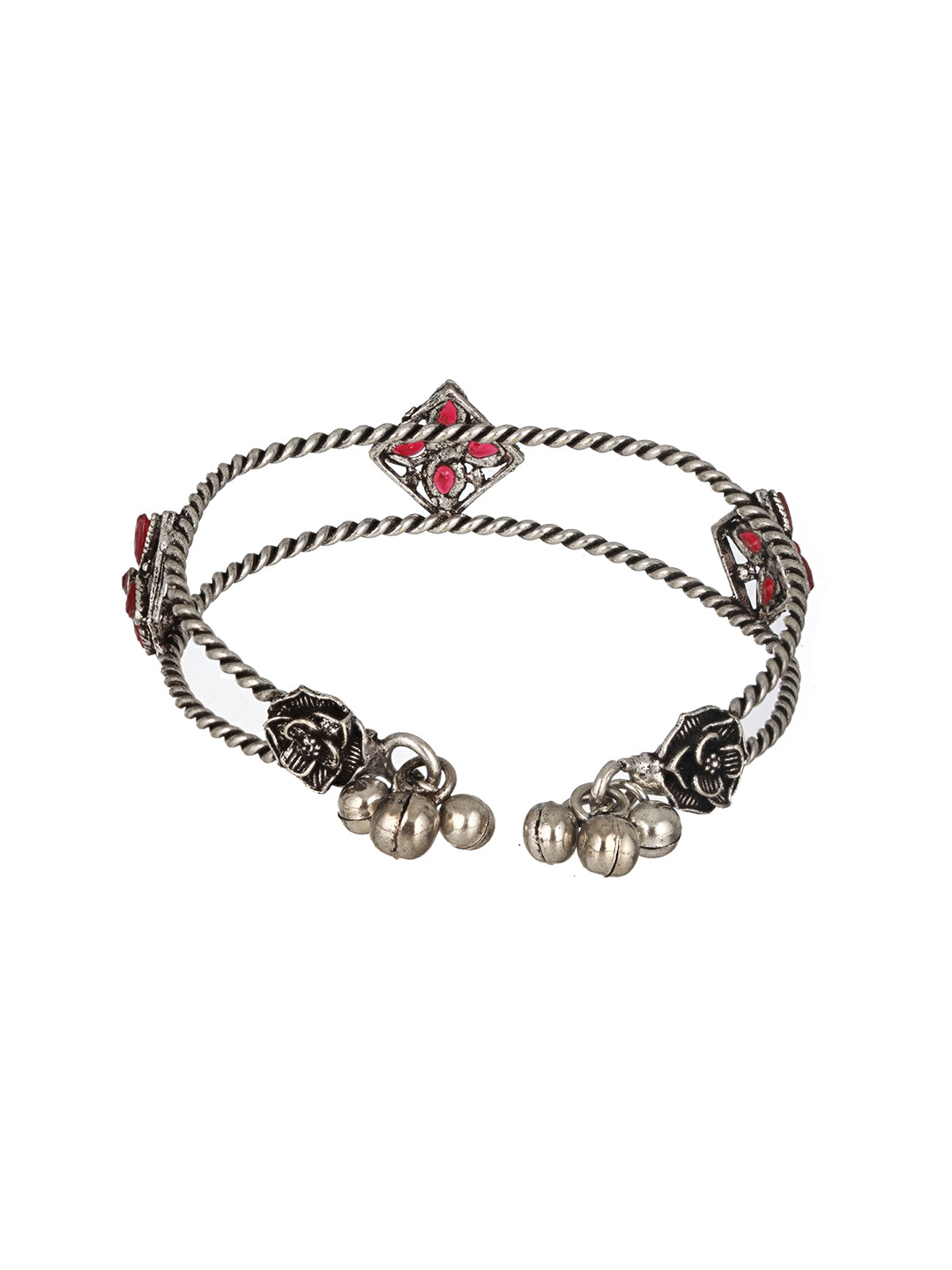 Silver Plated Red Stone Studded Oxidised Handcrafted Cuff Style Bracelet - Jazzandsizzle