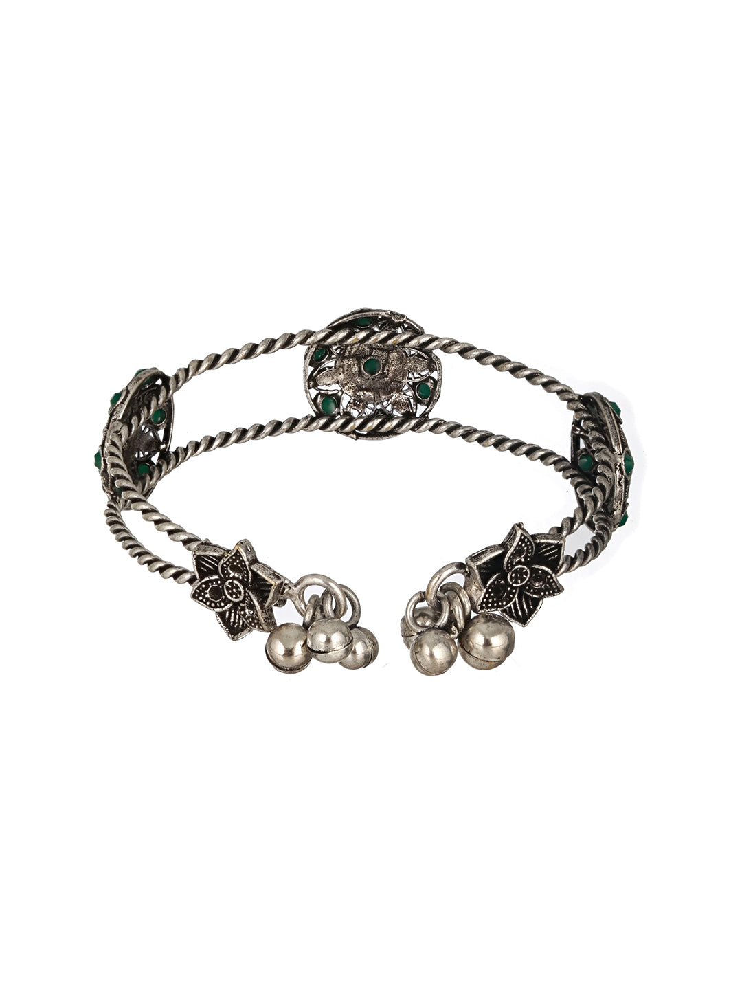 Silver Plated Green Stone Studded Oxidised Handcrafted Cuff Style Bracelet