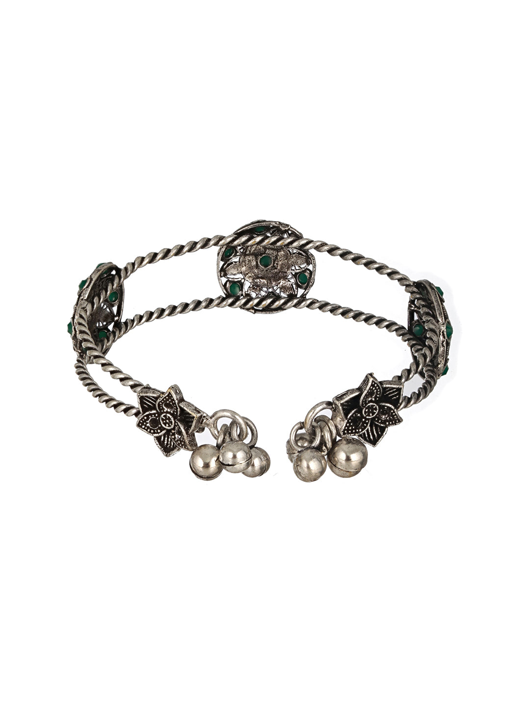 Silver Plated Green Stone Studded Oxidised Handcrafted Cuff Style Bracelet - Jazzandsizzle