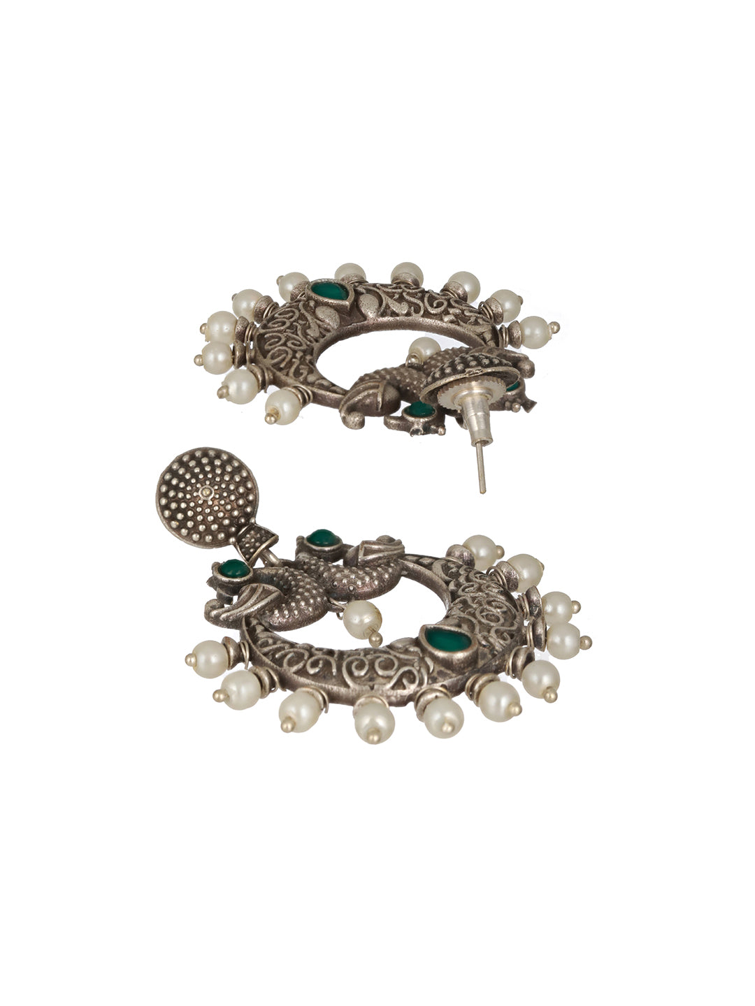 Oxidized Silver-Toned Green Stone studded & Pearl Dome Shaped Chandbalis - Jazzandsizzle