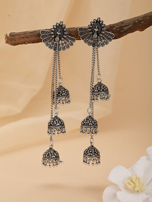 Oxidised Silver-Plated Peacock Shaped Jhumka Earrings - Jazzandsizzle