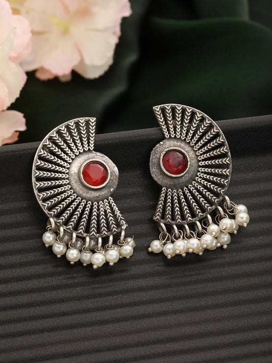 Red & Oxidised Silver-Toned Contemporary Studs Earrings - Jazzandsizzle