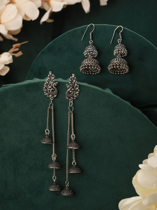 Set Of 2 Silver Plated Peacock Shaped Jhumka Earrings - Jazzandsizzle