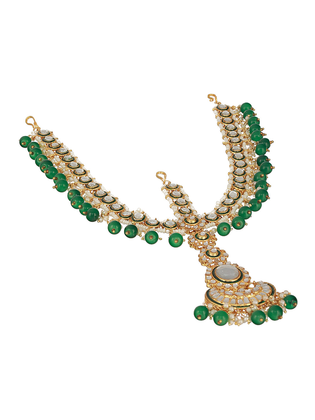 Gold-Plated Green & White Kundan-Studded & Pearls Beaded Sheeshphool Mathapatti - Jazzandsizzle