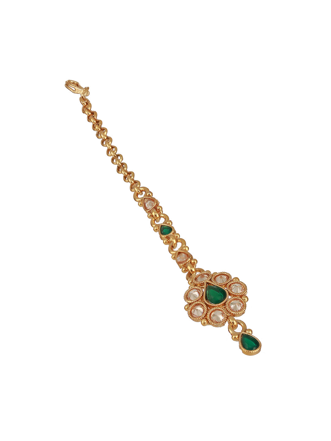 Gold-Plated Green & White Faux Kundan-Studded Handcrafted Maang Tika - Jazzandsizzle