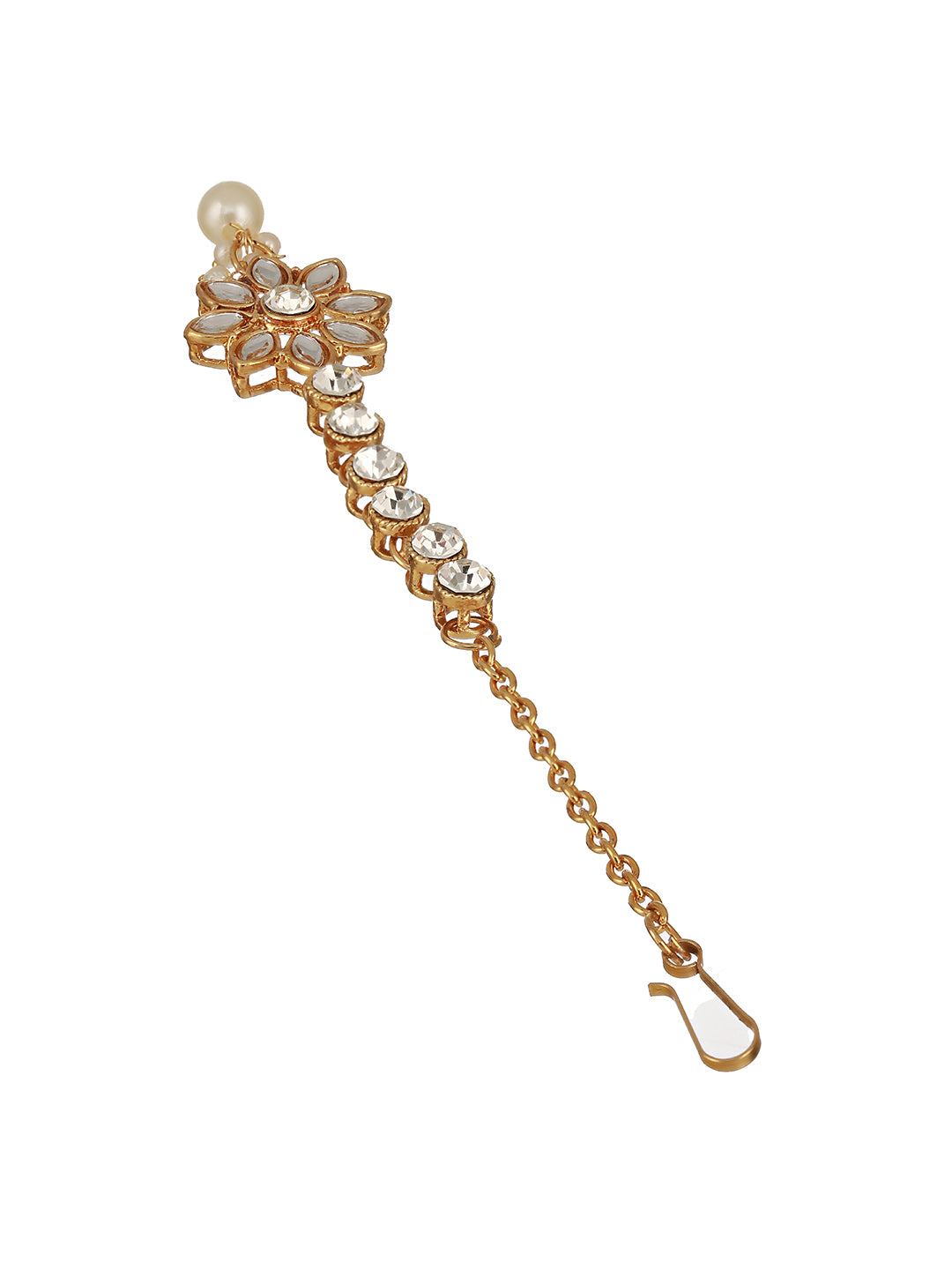 Gold-Plated White Kundan Stone-Studded & Pearl Drop Maang Tikka - Jazzandsizzle