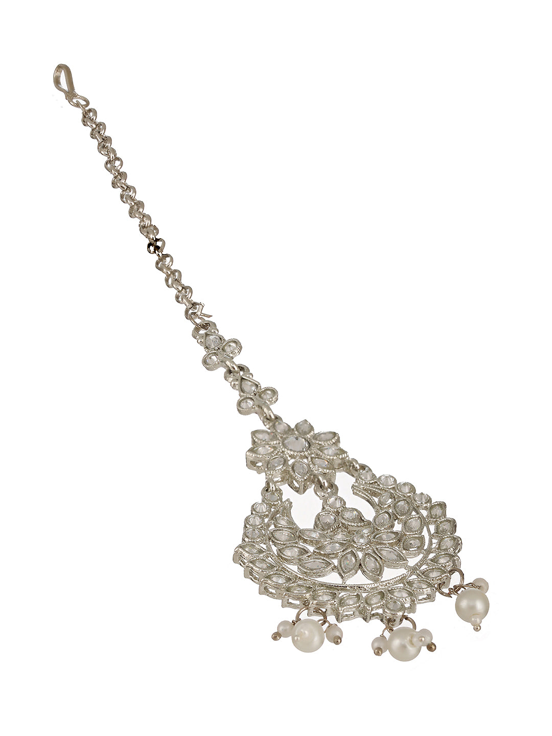 Silver-Plated White AD-Studded & Pearl Drop Handcrafted Maang Tikka - Jazzandsizzle