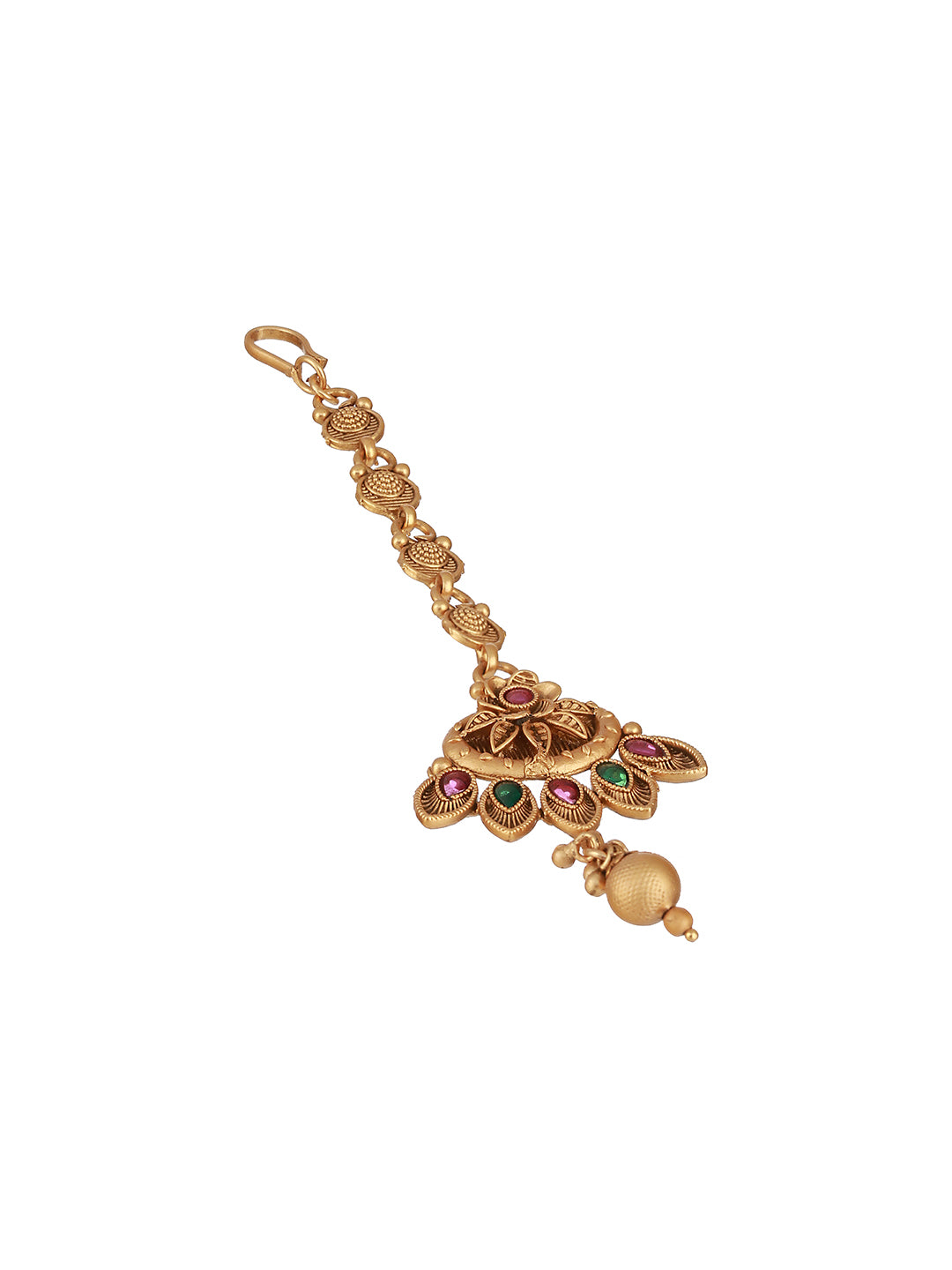 Gold-Plated Pink & Green Stone Studded Handcrafted Temple Maang Tikka - Jazzandsizzle