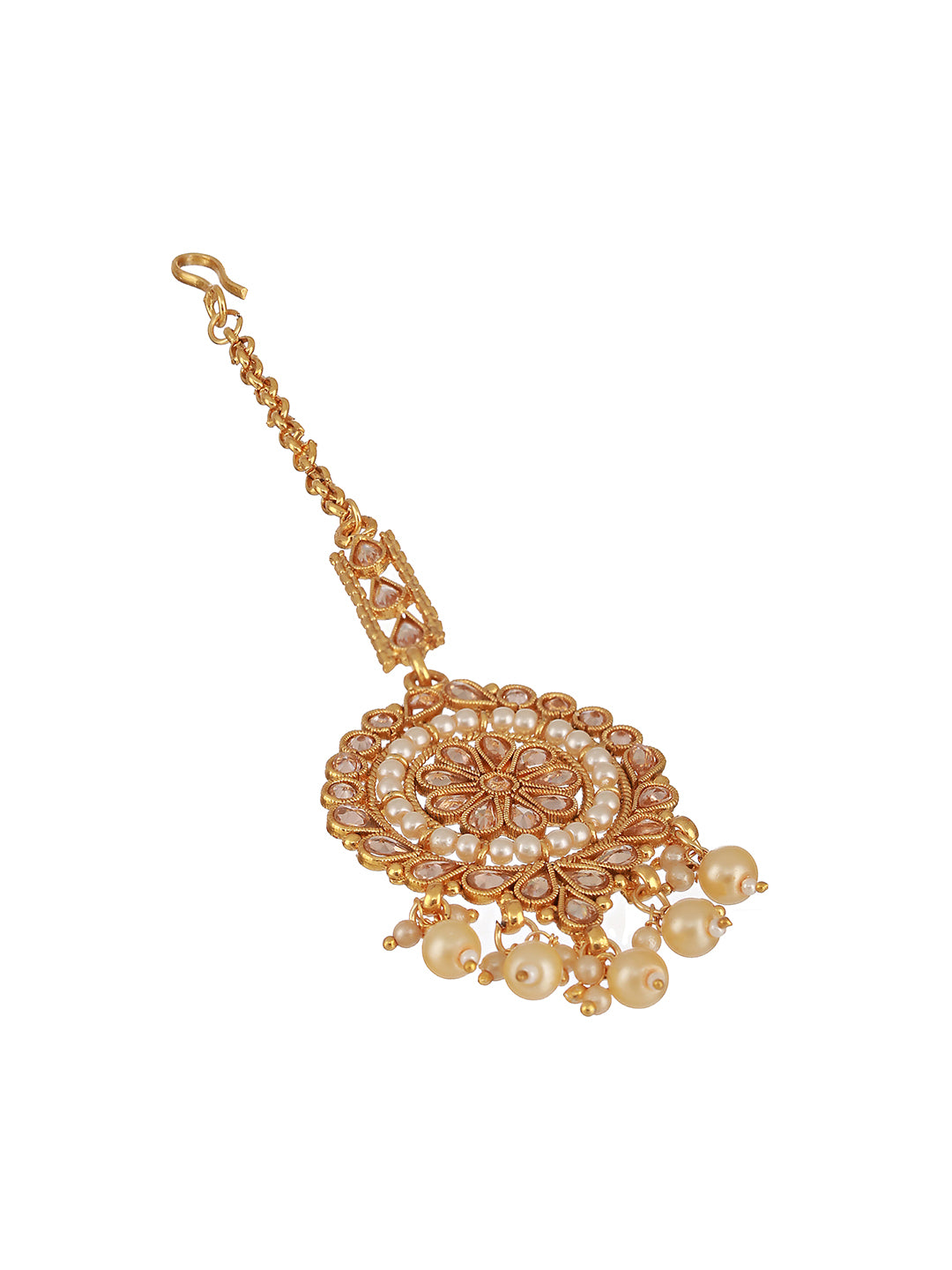 Gold-Plated Reverse AD Studded & Pearl Embellished Maang Tikka - Jazzandsizzle