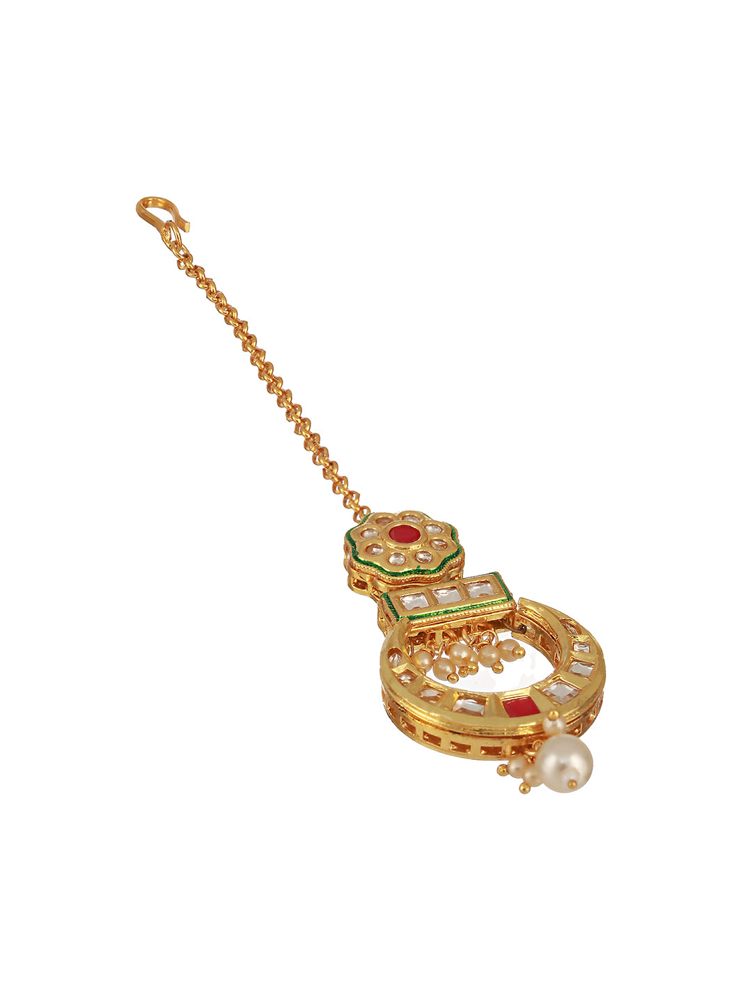 24K Gold-Plated Red & White Kundan & Green Meenakari Maangtikka - Jazzandsizzle