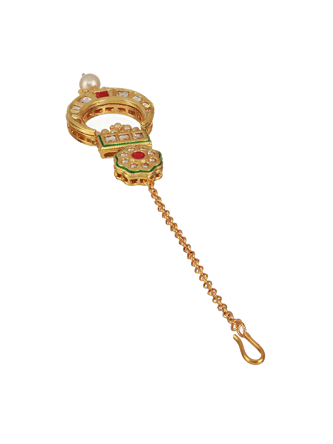 24K Gold-Plated Red & White Kundan & Green Meenakari Maangtikka - Jazzandsizzle