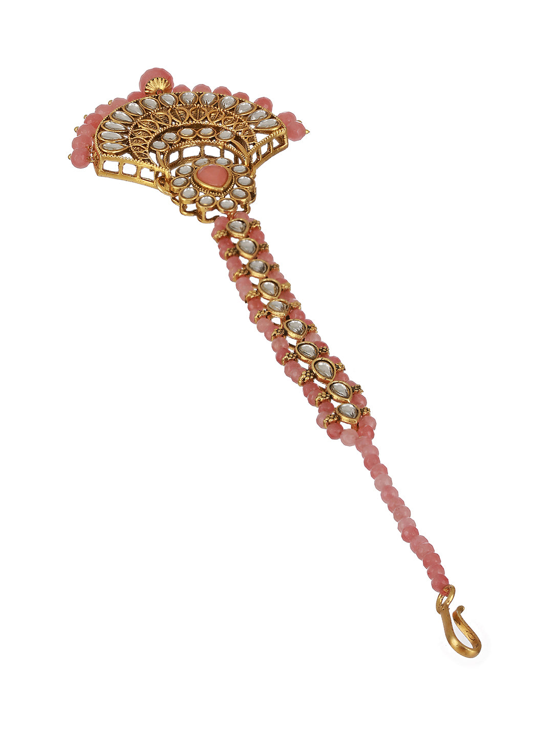Gold-Plated Pink & White Kundan Studded & Pink Pearl Drop Embellished Maang Tikka - Jazzandsizzle
