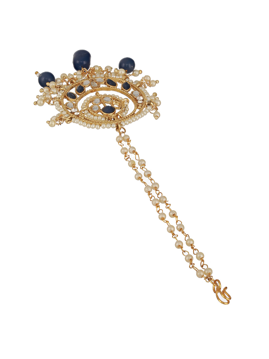 Gold-Plated Blue & White Kundan-Studded Pearls Beaded Maangtika - Jazzandsizzle
