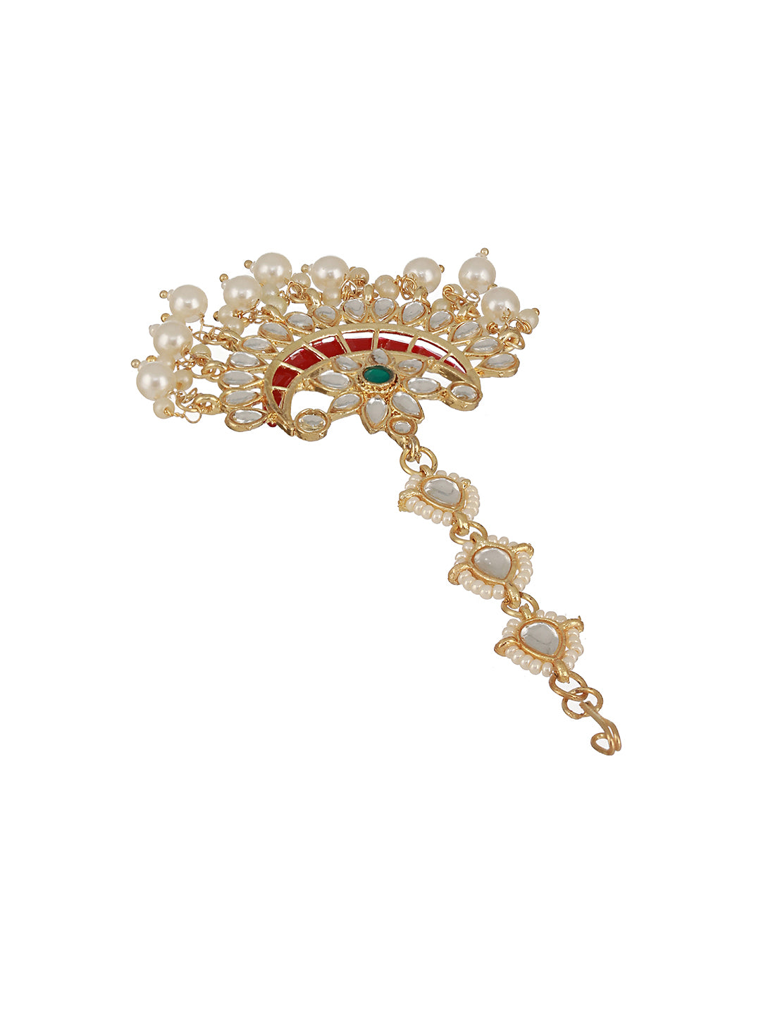 Gold-Plated Green & White Kundan Studded Pearls Handcrafted Maang Tikka - Jazzandsizzle