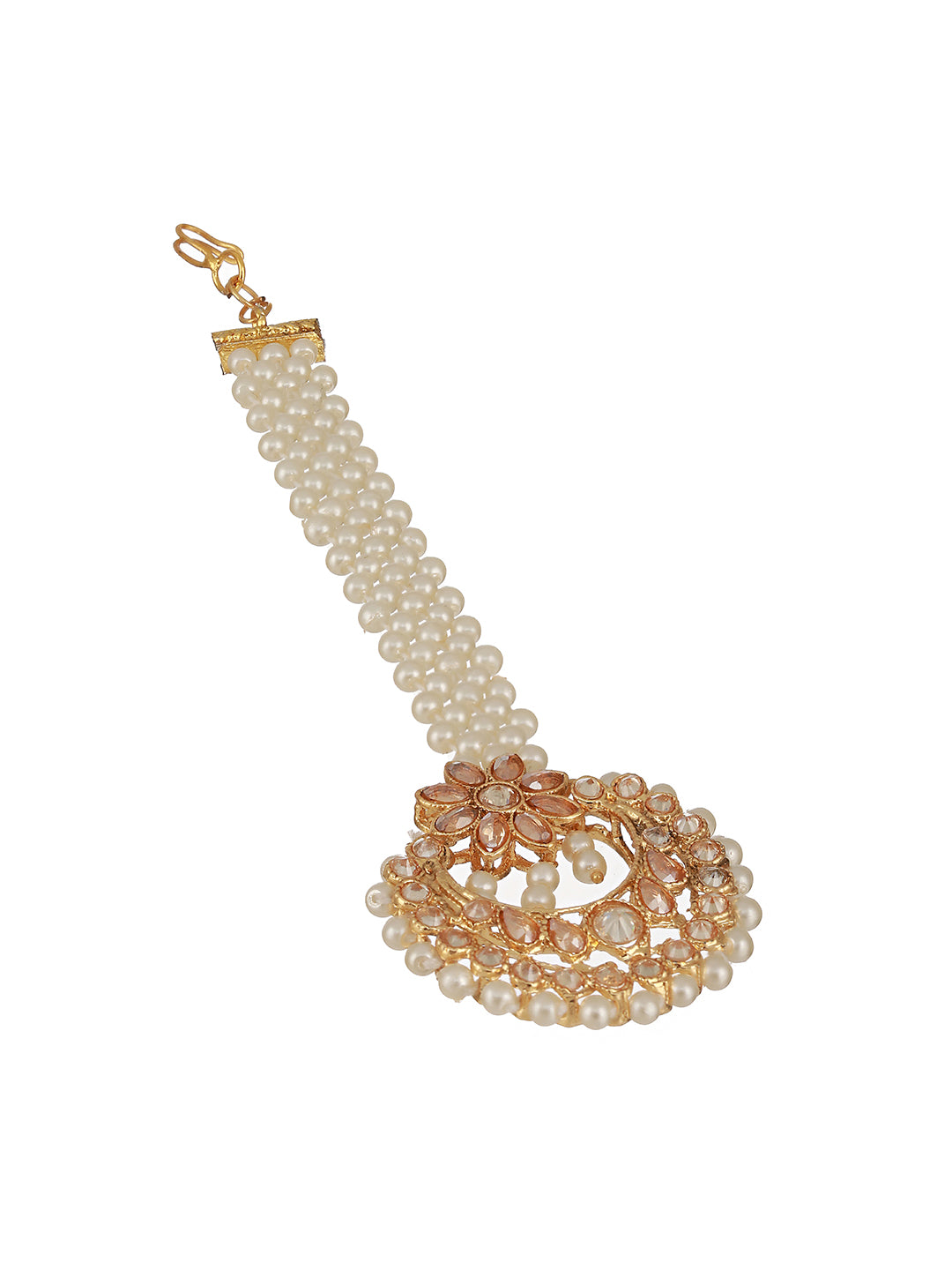 Gold-Plated Reverse AD Studded & Pearl Beaded Maang Tikka - Jazzandsizzle