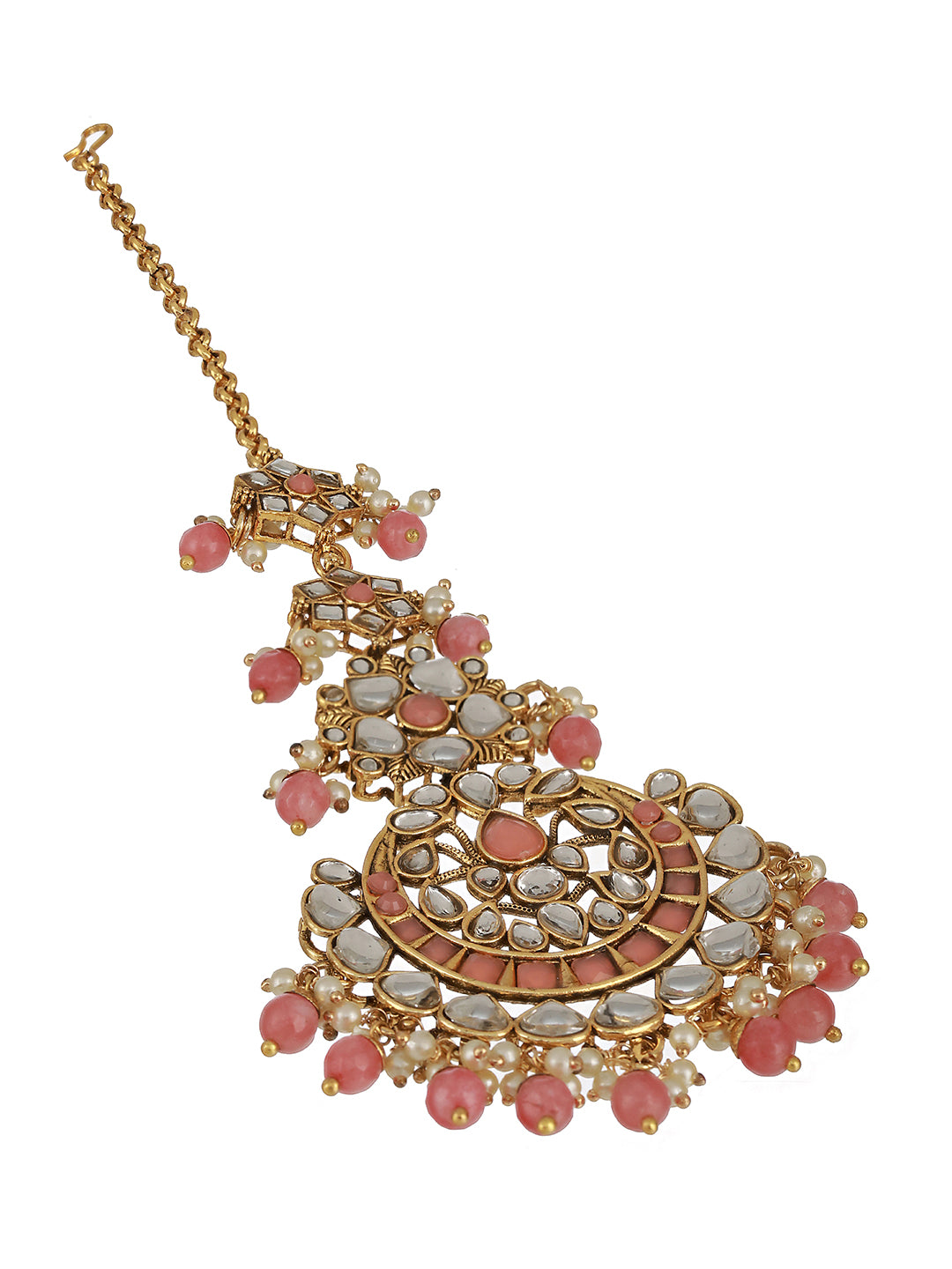 Gold-Plated Pink & White Kundan-Studded Pearl Beaded Maang Tikka - Jazzandsizzle