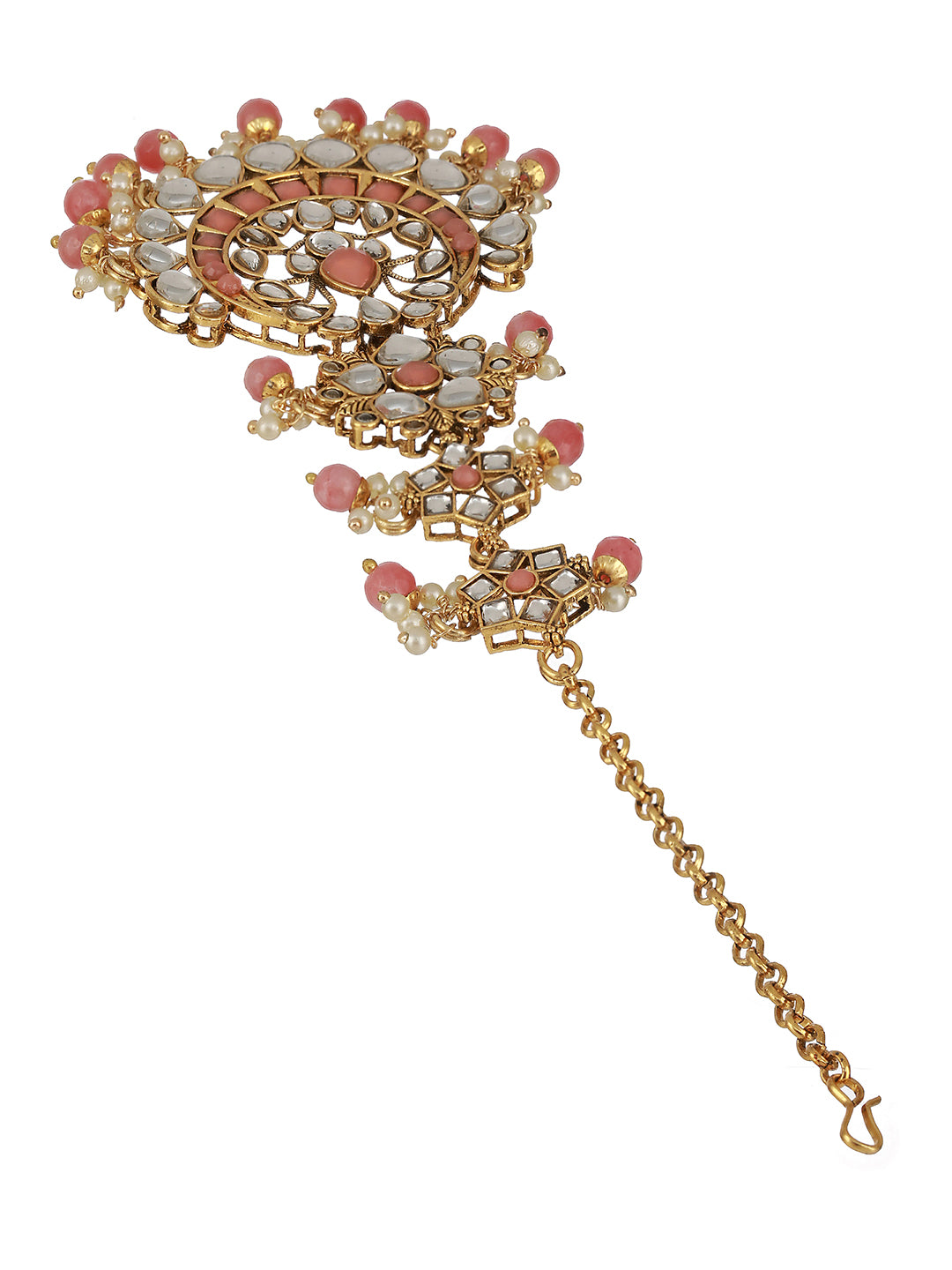 Gold-Plated Pink & White Kundan-Studded Pearl Beaded Maang Tikka - Jazzandsizzle