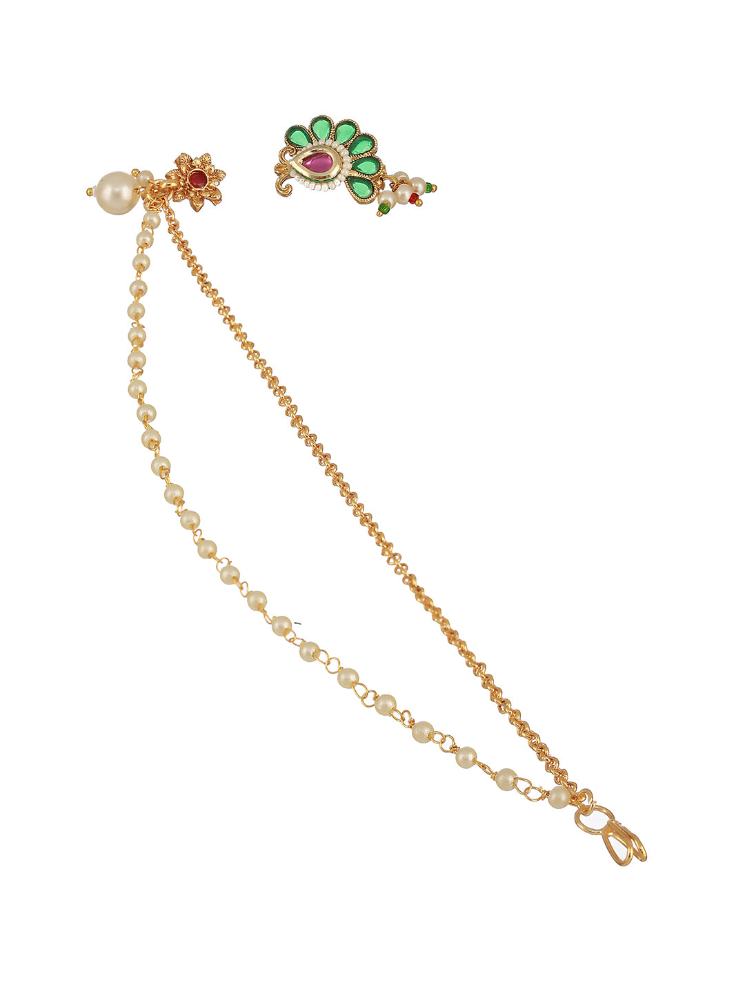 Gold-Plated White Kundan-Studded Clip-On Nose Pin With Beaded Extension - Jazzandsizzle