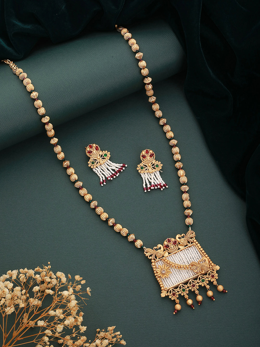 JAZZ AND SIZZLE 24K Gold-Plated Green & Red Stone Studded & Pearl Beaded Handcrafted Traditional Necklace Set - Jazzandsizzle