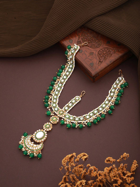 Gold-Plated Green & White Kundan-Studded & Pearls Beaded Sheeshphool Mathapatti - Jazzandsizzle