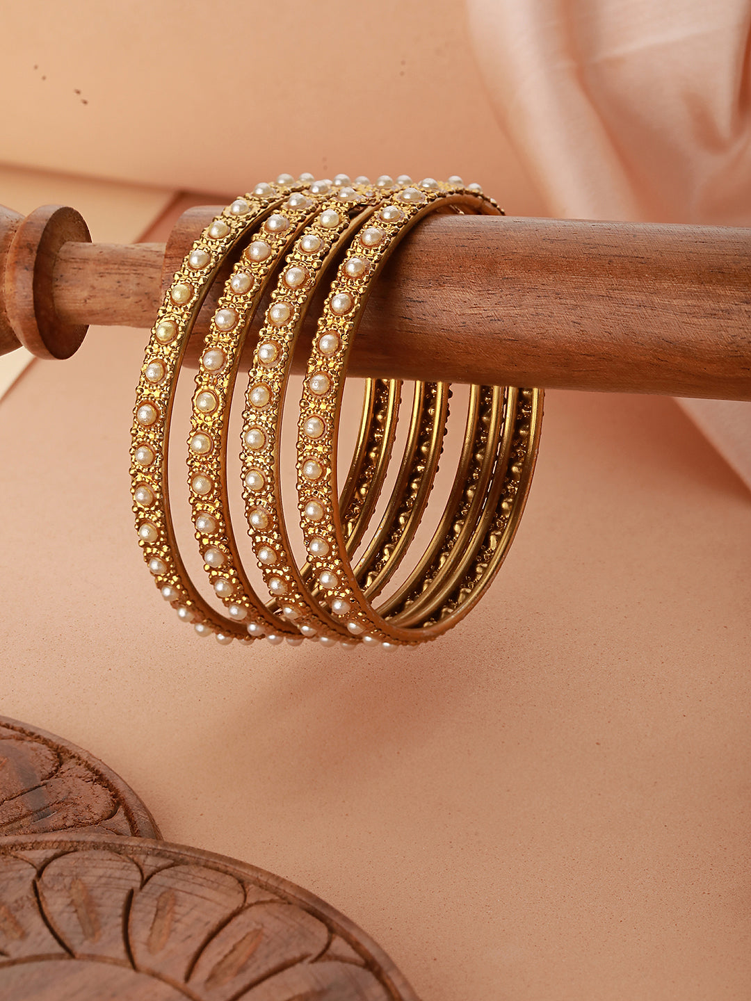 Set Of 2 Gold-Plated Bold Pearl-Studded Bangles - Jazzandsizzle