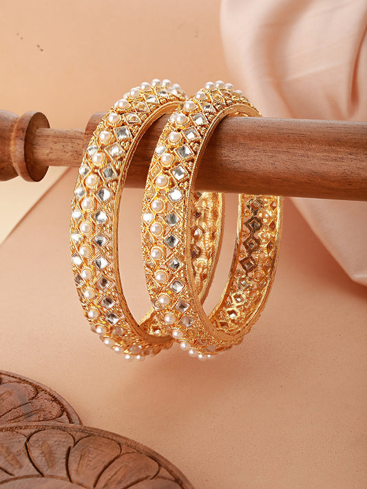 Set Of 2 Gold-Plated CZ-Studded Pearl Beaded Bangles - Jazzandsizzle