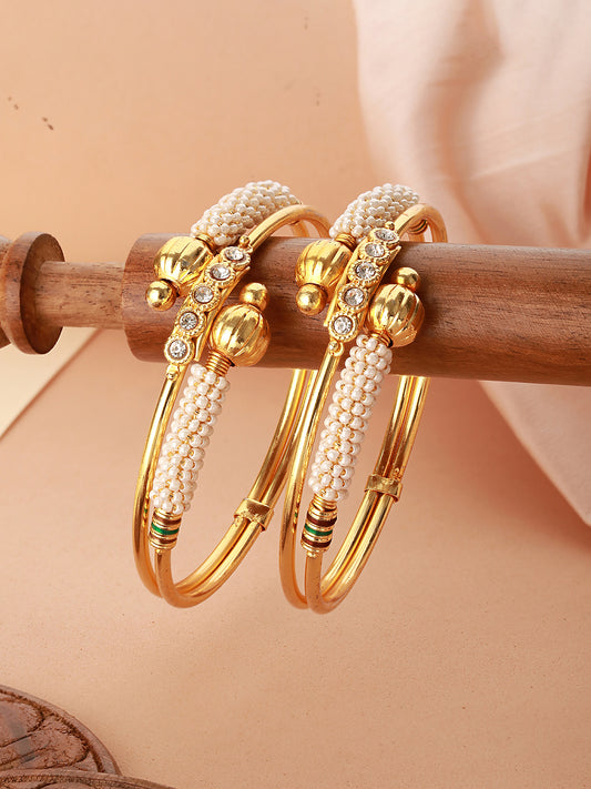 Set Of 2 Gold-Plated CZ-Studded Pearls Beaded Bangles - Jazzandsizzle