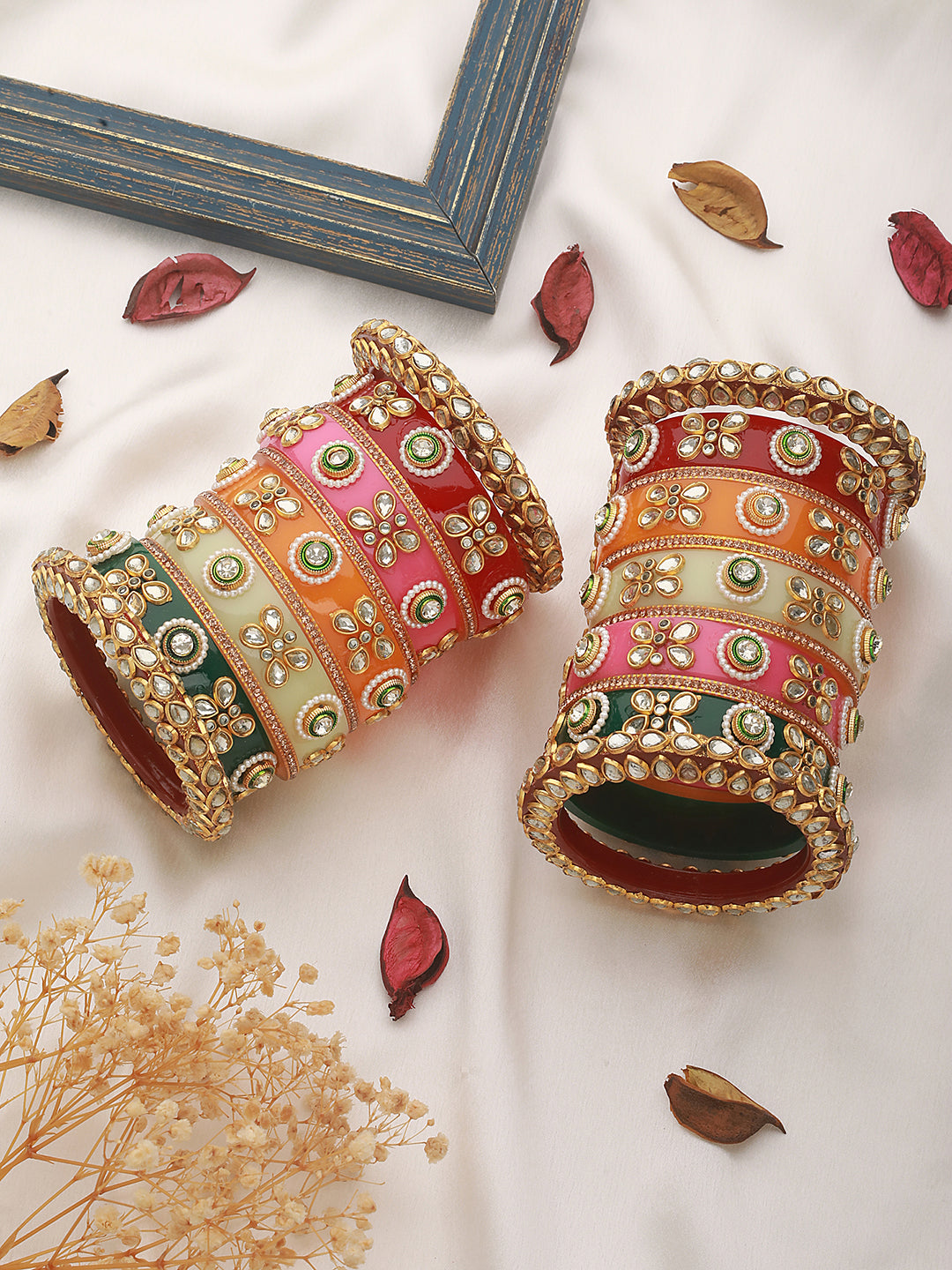 Jazz And Sizzle Set Of 22 Gold-Plated Kundan-Studded Meenakari Multicolor Bangles - Jazzandsizzle