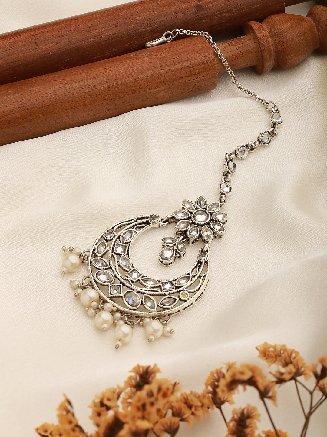 Silver-Plated White AD-Studded Maang Tikka - Jazzandsizzle