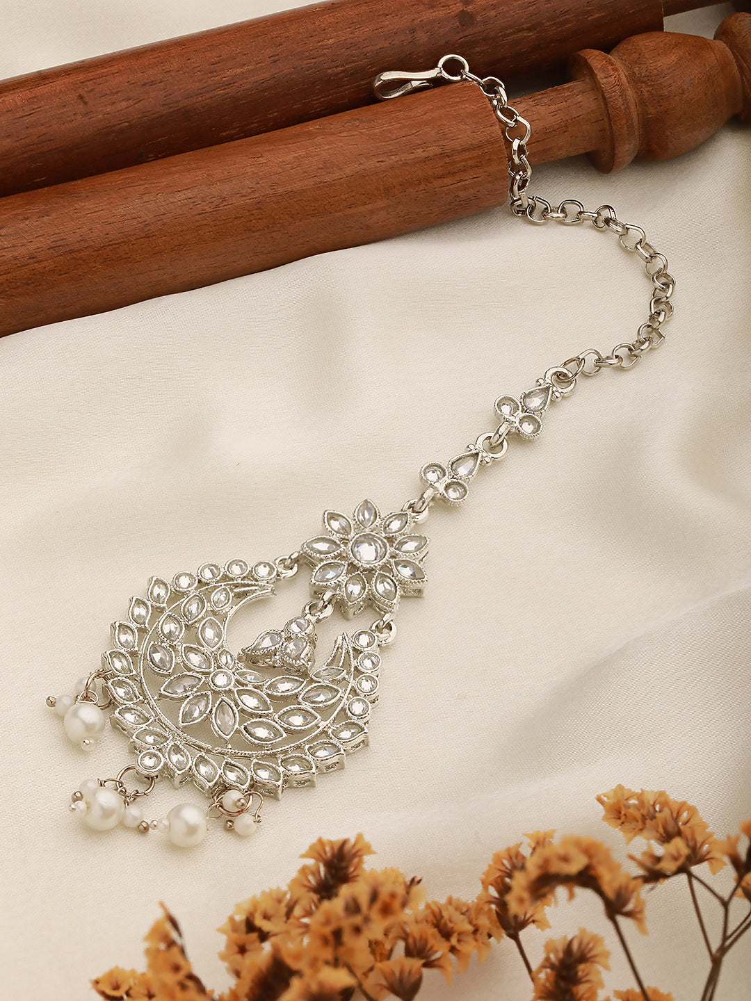 Silver-Plated White AD-Studded & Pearl Drop Handcrafted Maang Tikka