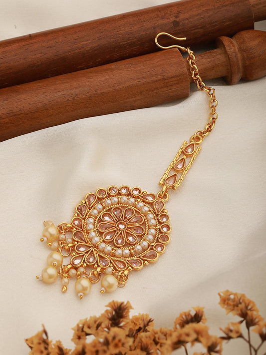 Gold-Plated Reverse AD Studded & Pearl Embellished Maang Tikka - Jazzandsizzle