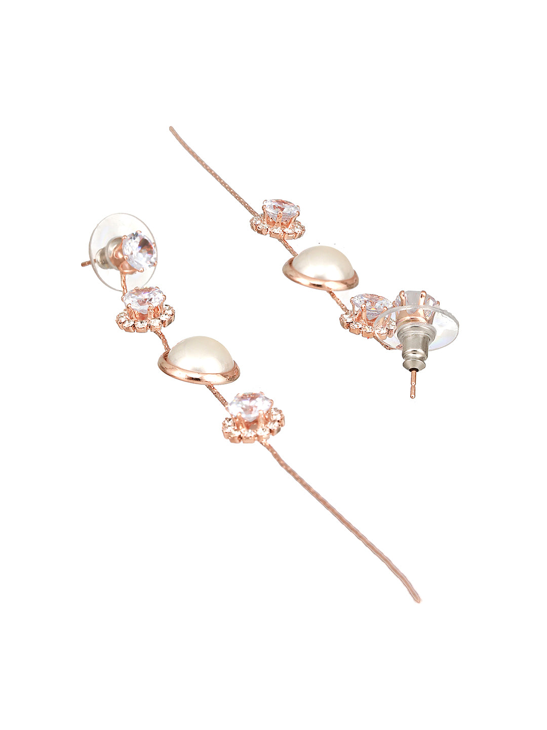 JAZZ AND SIZZLE Silver-Toned Rose gold-Plated CZ Stone-Studded & Pearl Contemporary Drop Earrings - Jazzandsizzle