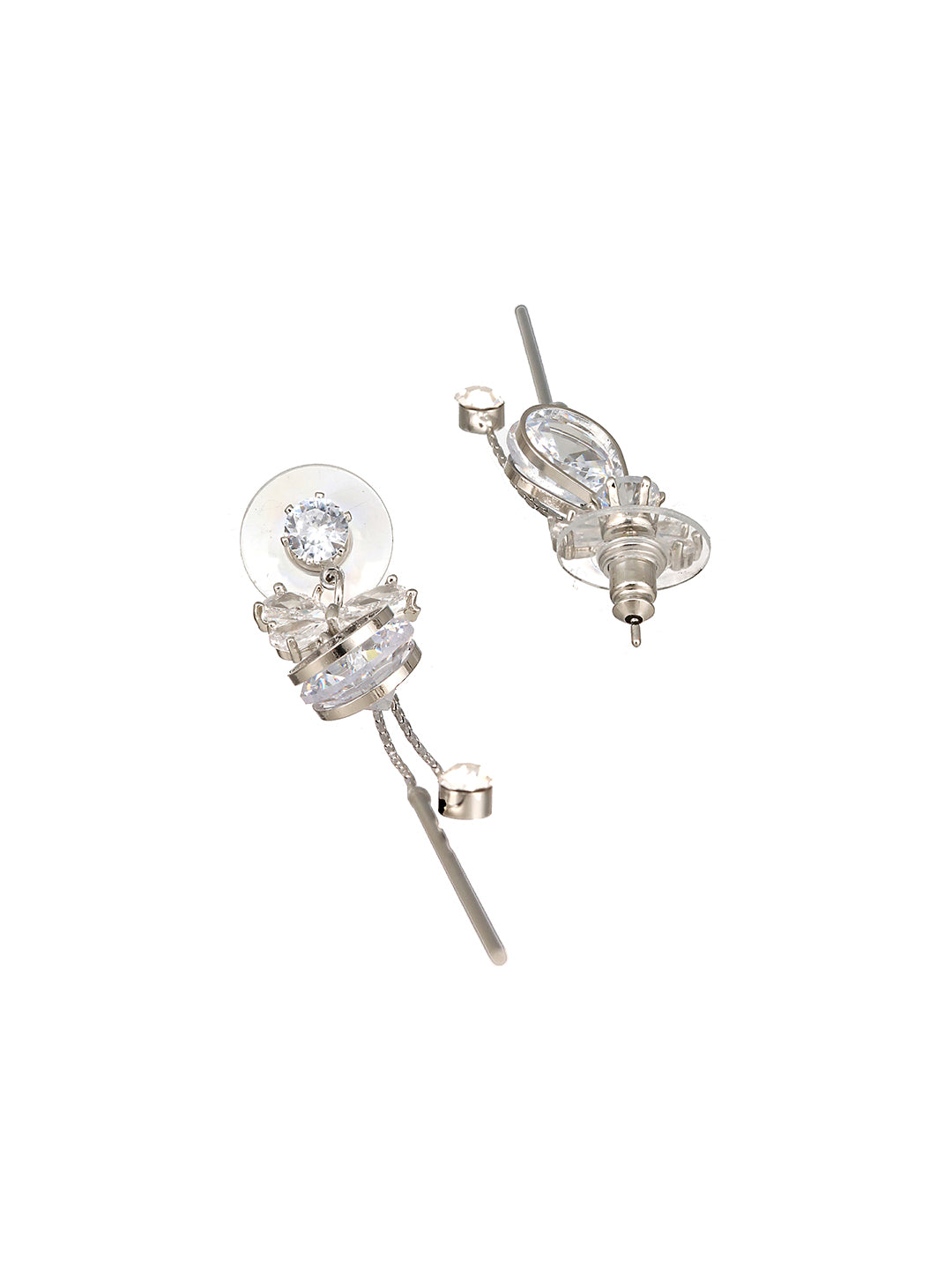 JAZZ AND SIZZLE Silver-Toned Rhodium-Plated CZ Stone-Studded Contemporary Drop Earrings - Jazzandsizzle