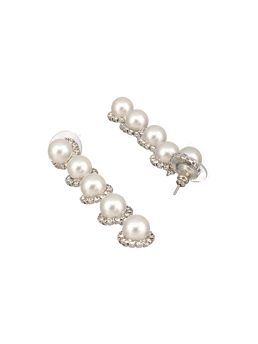 JAZZ AND SIZZLE Silver-Toned & Pearl Studded Contemporary Drop Earrings - Jazzandsizzle