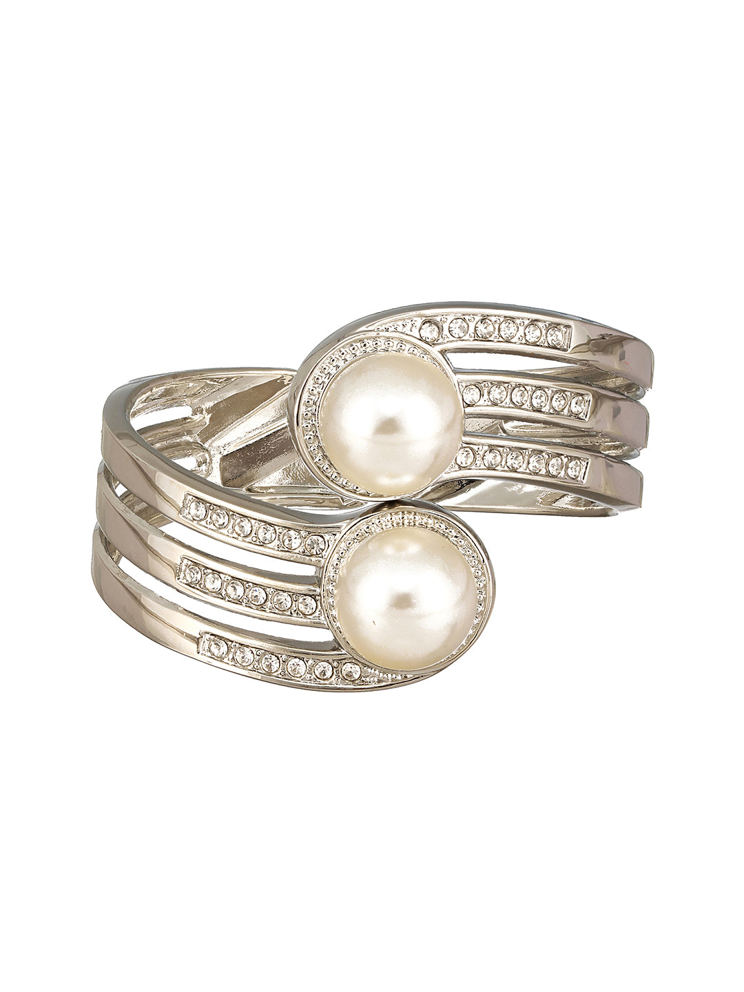 JAZZ AND SIZZLE Silver-Plated CZ Studded White Pearls Cuff Bracelet - Jazzandsizzle