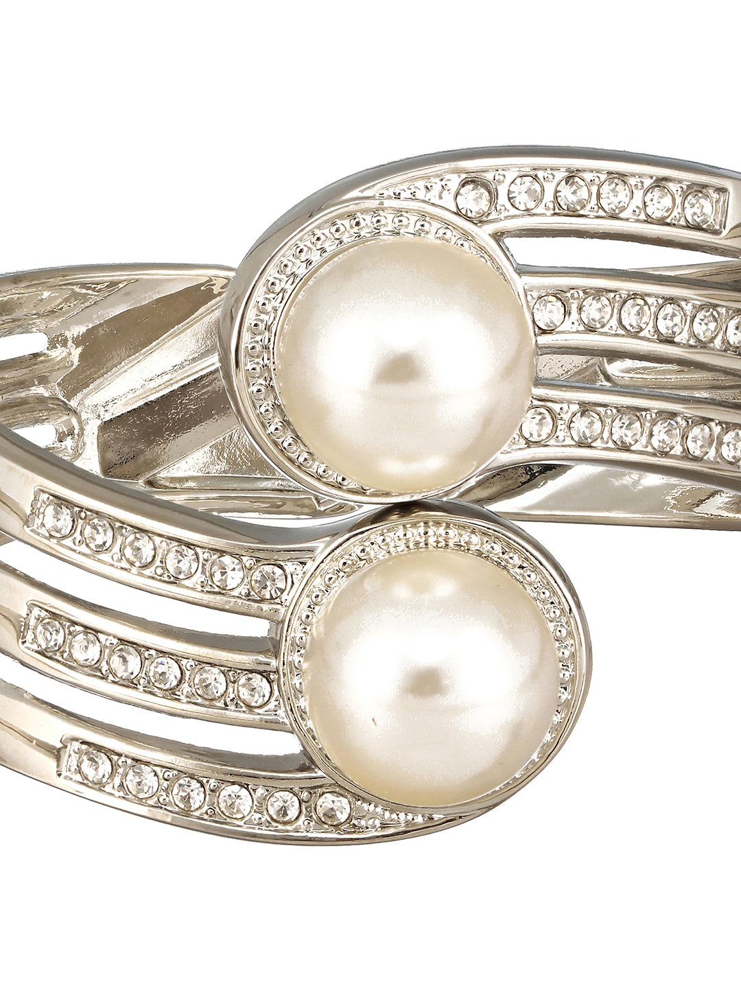 JAZZ AND SIZZLE Silver-Plated CZ Studded White Pearls Cuff Bracelet - Jazzandsizzle