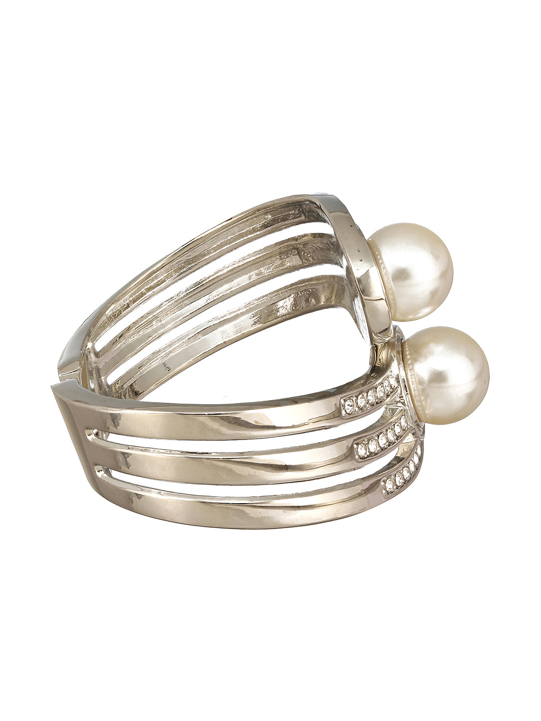 JAZZ AND SIZZLE Silver-Plated CZ Studded White Pearls Cuff Bracelet - Jazzandsizzle