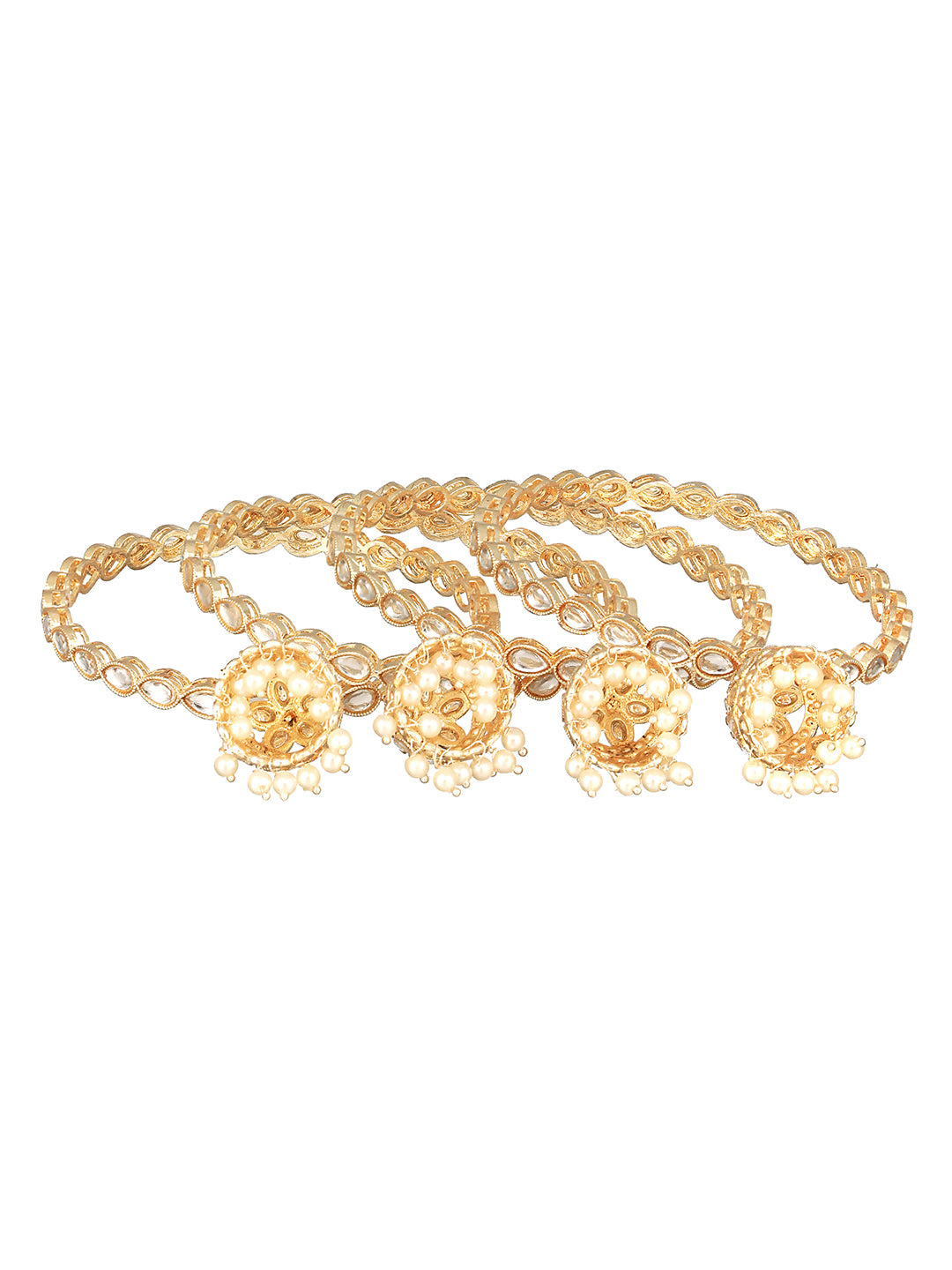 Set Of 4 Gold-Plated Kundan-Studded & Pearls-Beaded Bangles - Jazzandsizzle