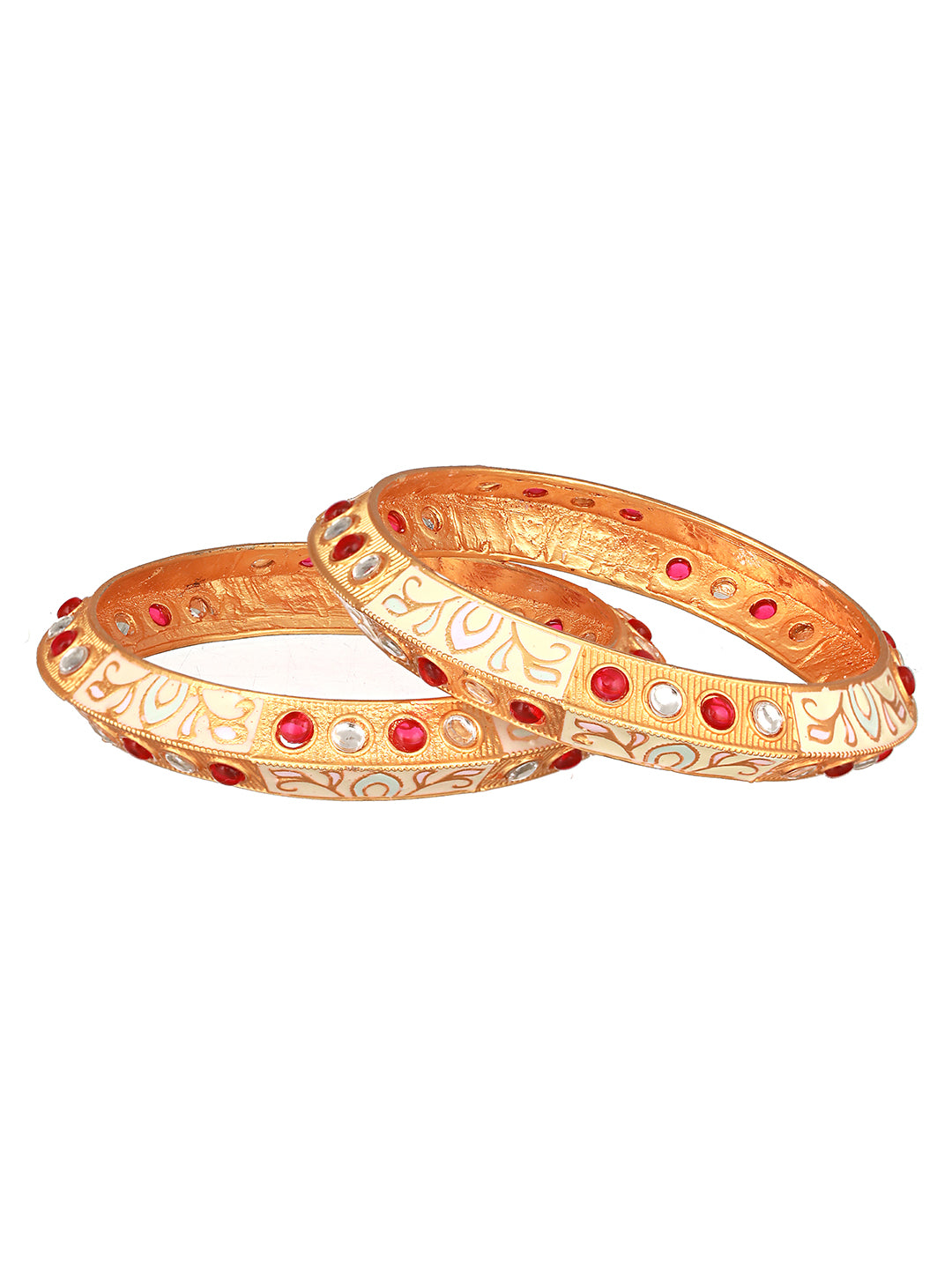 Jazz And Sizzle Set Of 2 Gold-Plated Red & White Kundan-Studded Meenakari Bangles - Jazzandsizzle