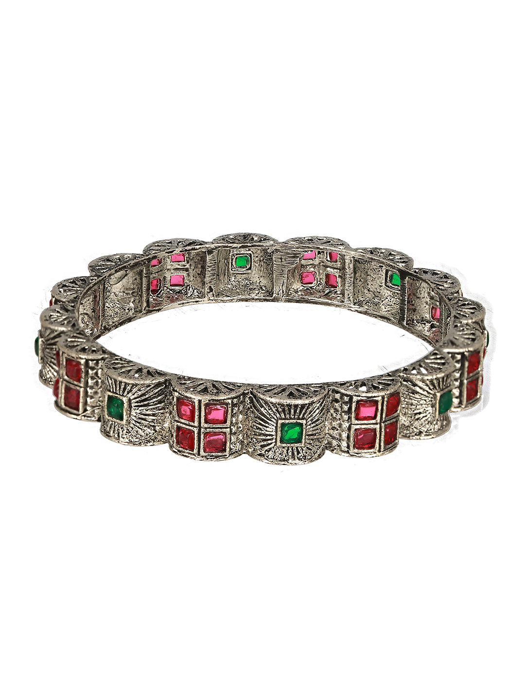 Jazz And Sizzle Set Of 2 Oxidized Silver-Plated Red & Green Stone Studded Bangles - Jazzandsizzle