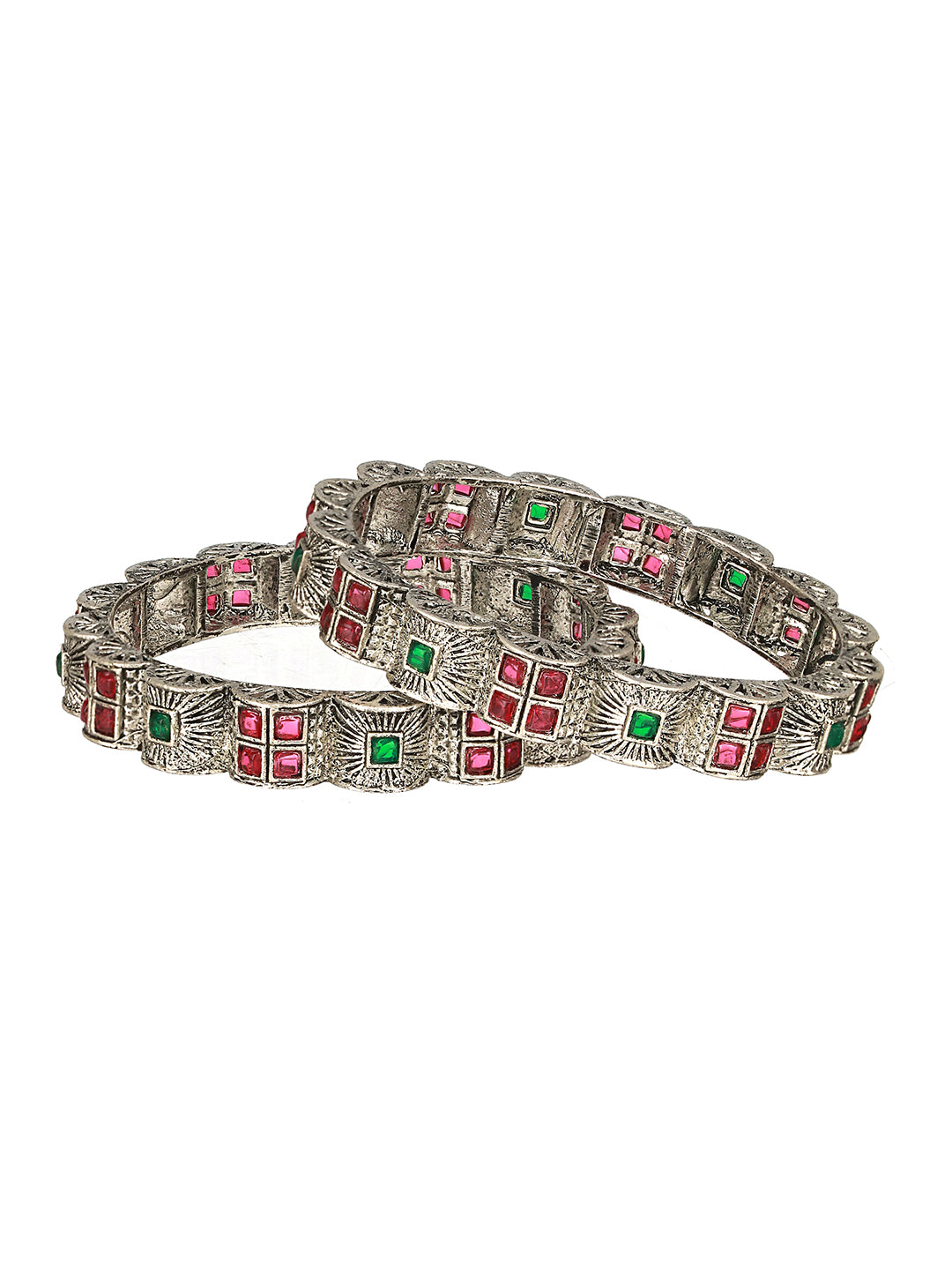 Jazz And Sizzle Set Of 2 Oxidized Silver-Plated Red & Green Stone Studded Bangles - Jazzandsizzle