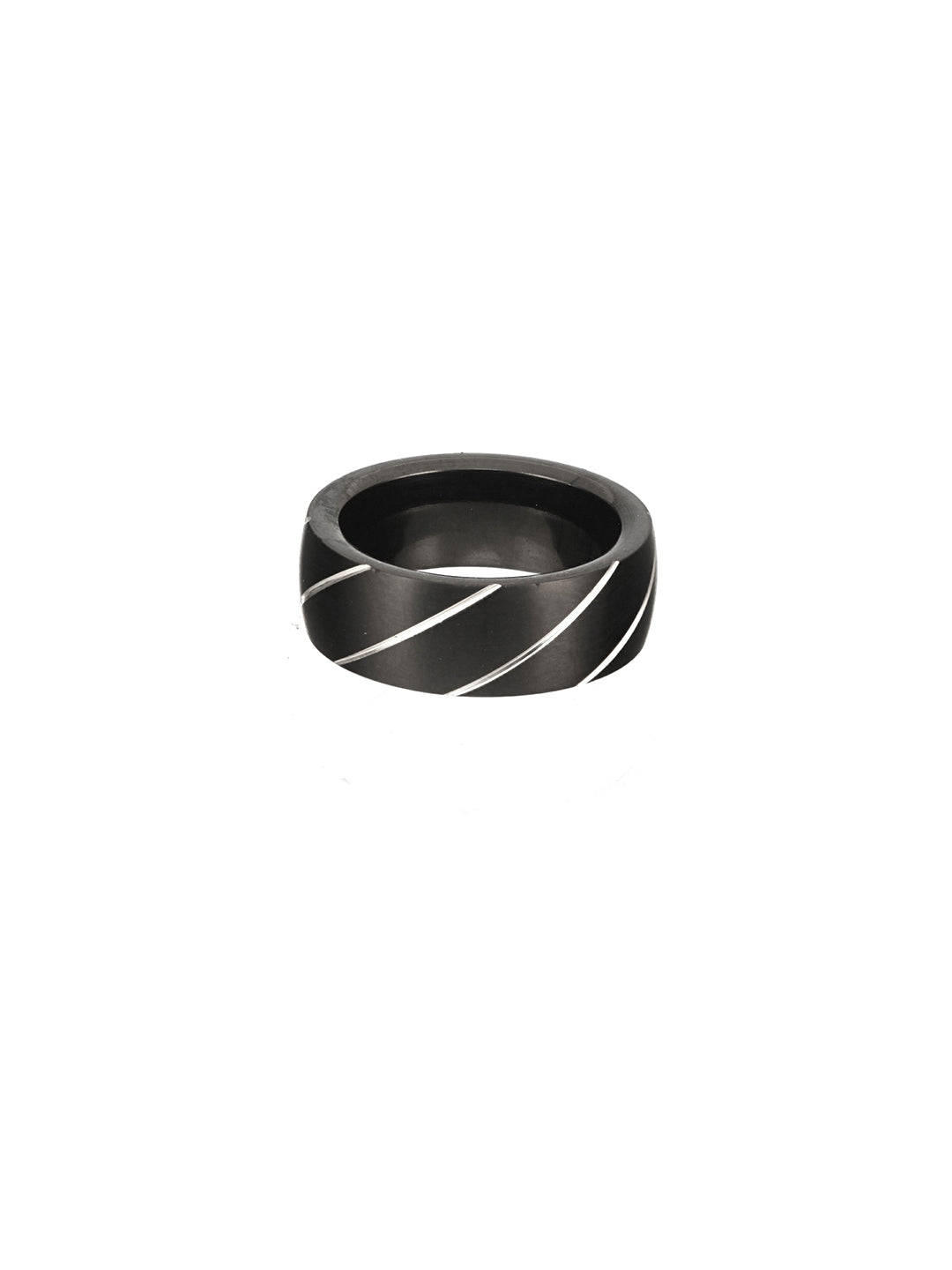 Jazz And Sizzle Men Platinum-Striped Black Stainless Steel Finger Ring - Jazzandsizzle