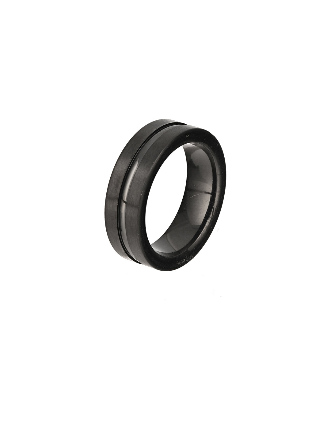 Jazz And Sizzle Men Black Silver Grooved Centre Band Ring - Jazzandsizzle