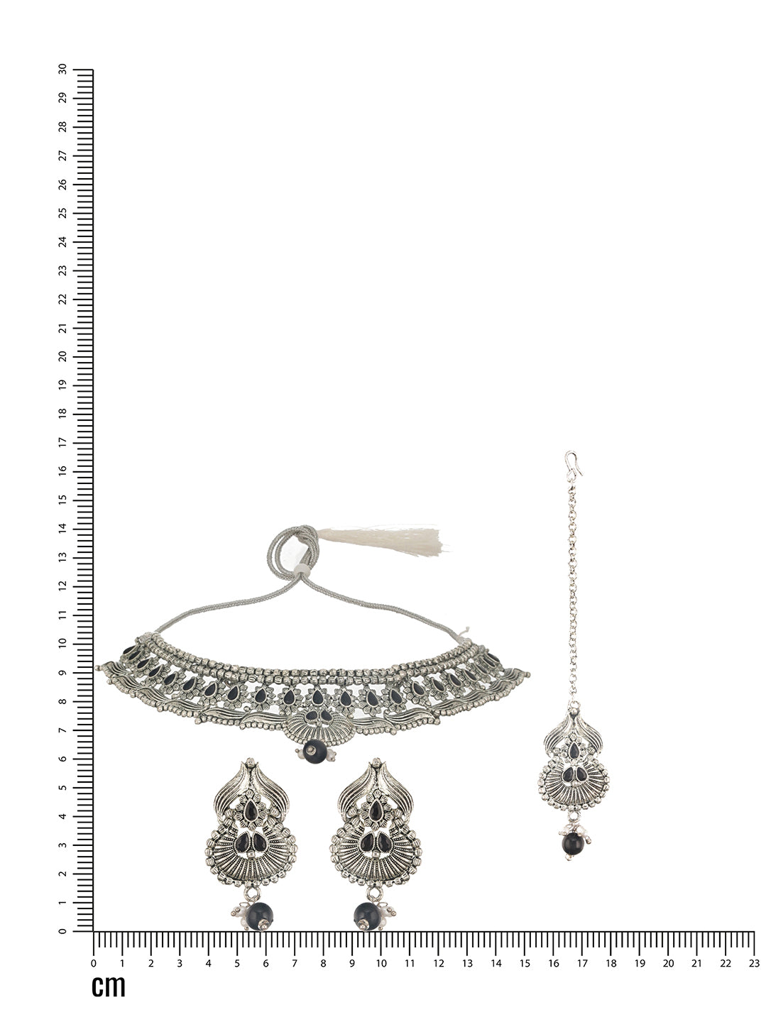 Jazz and Sizzle Silver Plated & Black Stone Studded & Beaded Traditional Choker Jewellery Set With Maangtikka