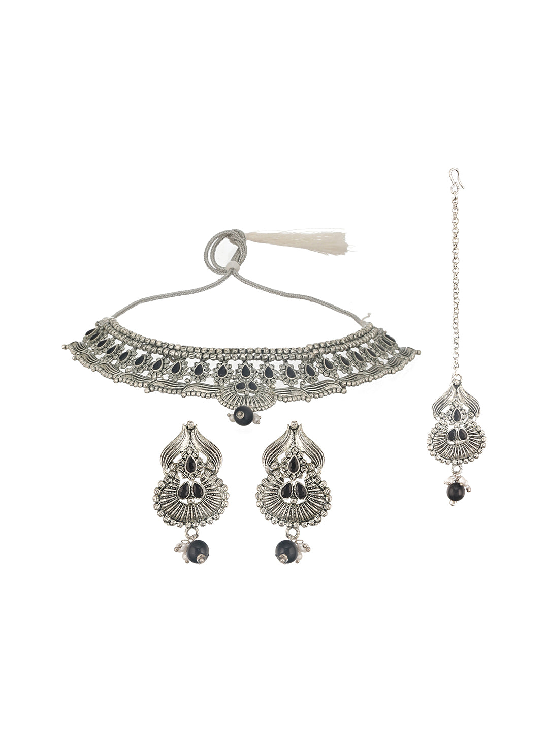 Jazz and Sizzle Silver Plated & Black Stone Studded & Beaded Traditional Choker Jewellery Set With Maangtikka