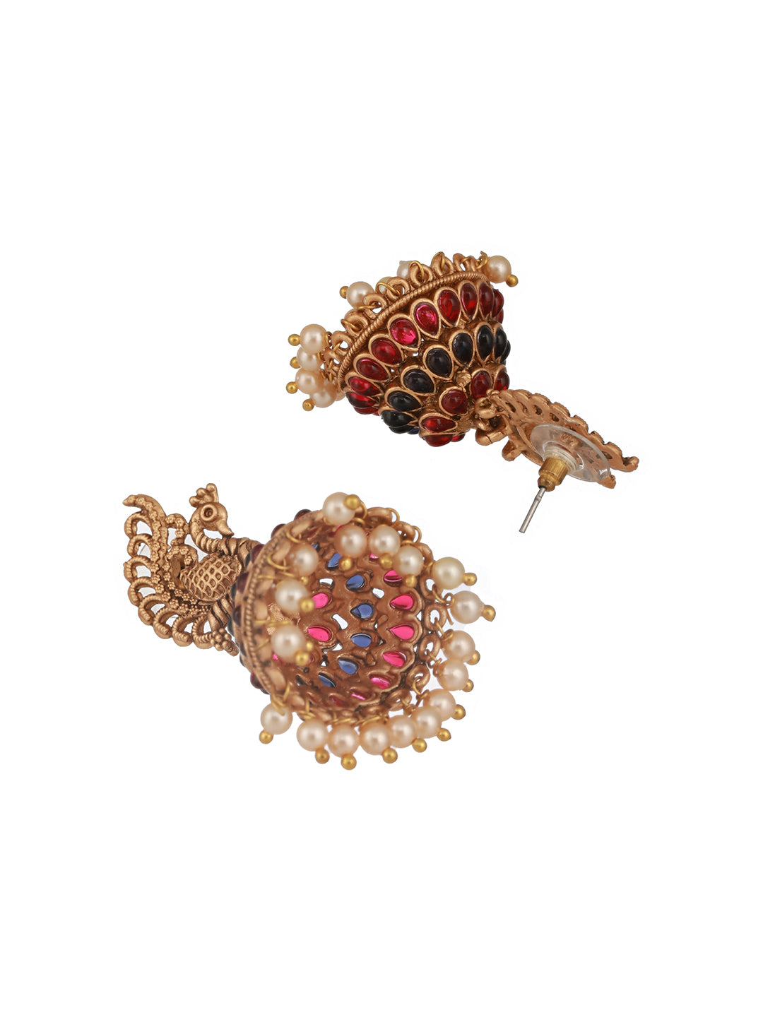 Jazz and Sizzle Matte Gold-Plated Peacock & Dome Shaped Stones Studded & Beaded Jhumkas