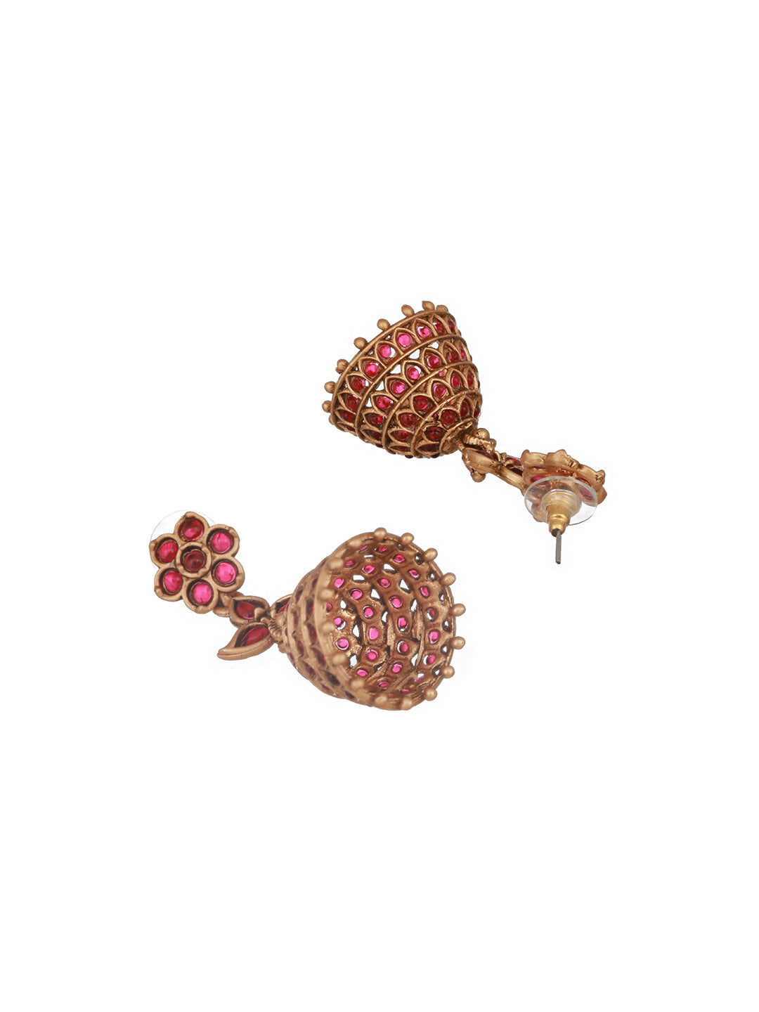 Jazz And Sizzle Gold-Plated Faux Ruby Studded Beads Beaded Floral Shaped Jhumka Earrings